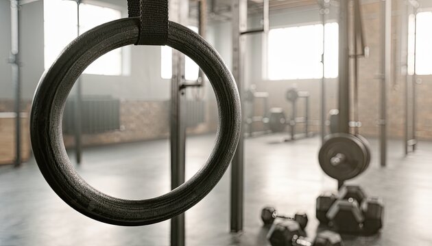 Gymnastic rings hang in a well-equipped fitness center.