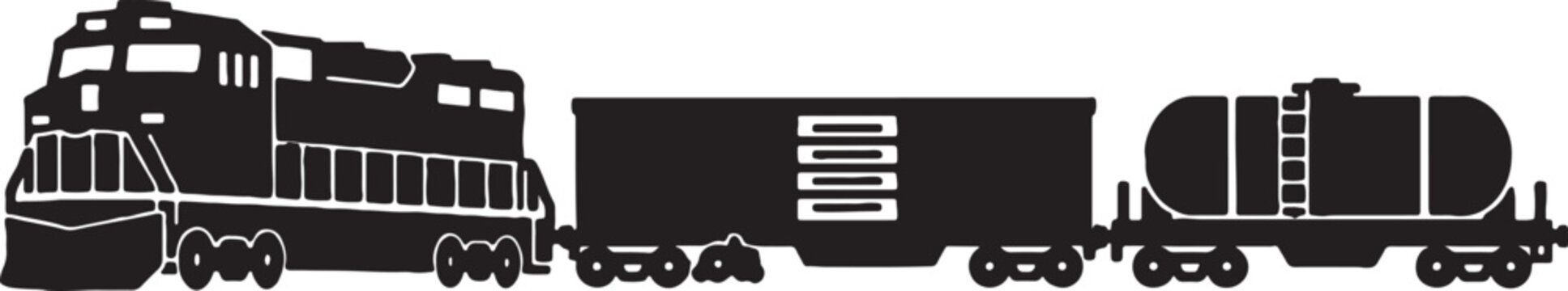 Silhouette of a train engine with boxcar and tanker car