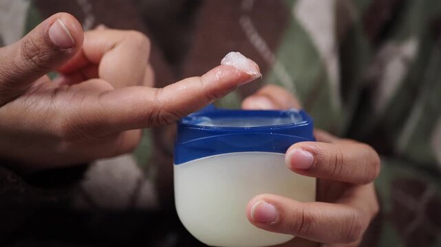 Person holding open jar of petroleum jelly with product on index finger ready for application in close up footage.