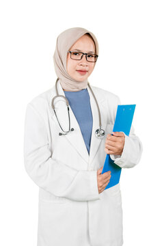 Asian Muslim Female Doctor in Hijab Holding Clipboard with Stethoscope Isolated on White Background