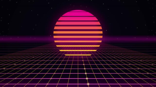 Synthwave Wireframe Cyber Grid Moving Toward Striped Neon Sun