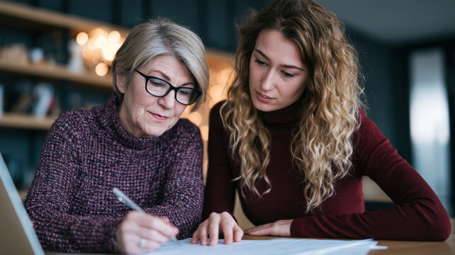 Senior woman and younger woman reviewing paperwork together, representing family business, mentorship, succession planning and generational collaboration
