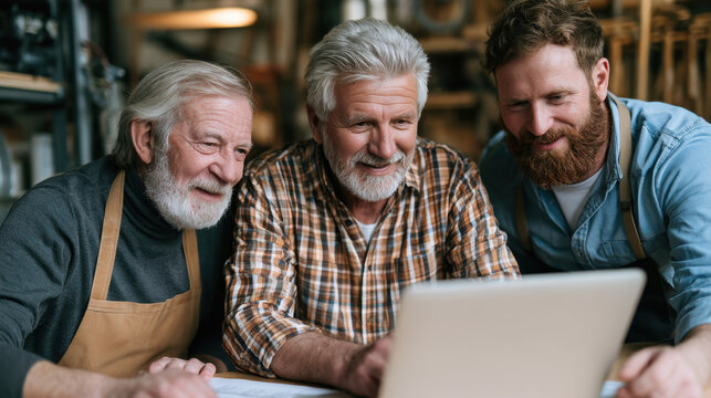 Three generations of male family business owners collaborating around a laptop in a workshop and sharing knowledge
