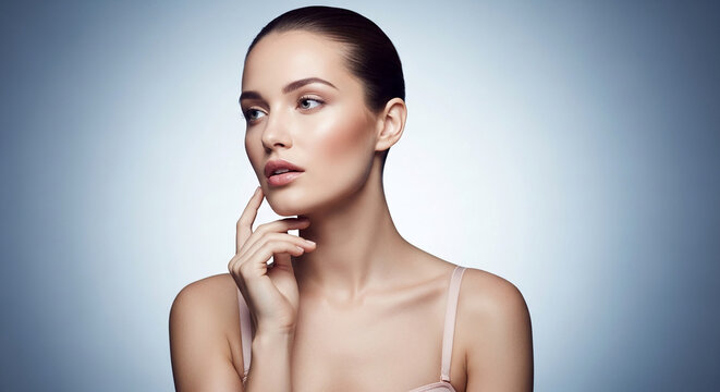 Portrait of a woman with soft skin and subtle makeup, her hand gently touching her chin, conveying elegance and contemplation, showcasing beauty and poise