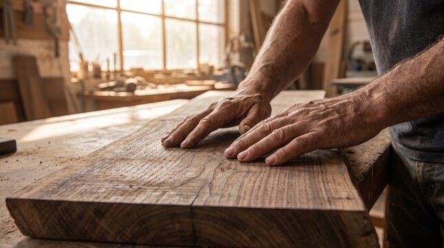 Craftsman examining smooth walnut wood grain on a workbench, representing material selection, fine woodworking, and furniture design