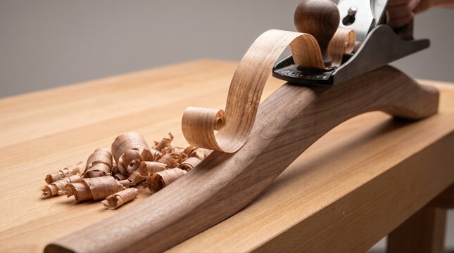 Hand plane shaving curled ribbons from a wooden board, capturing traditional woodworking, carpentry skill, and artisan craftsmanship