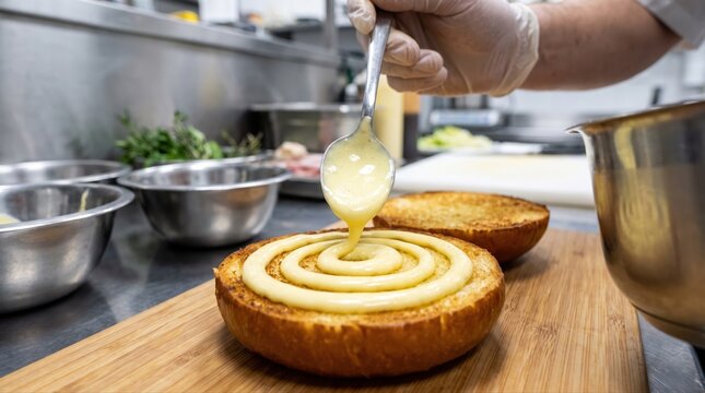 Chef piping creamy aioli in a spiral onto a toasted burger bun, illustrating gourmet sandwich preparation and culinary detail