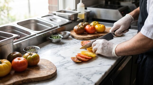 Chef slicing ripe tomatoes on a counter for burger preparation, highlighting fresh ingredients, knife skills, and restaurant cooking
