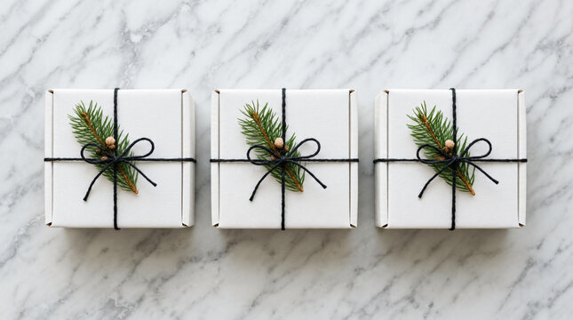 Minimalist Christmas gift boxes on marble background, elegant white holiday presents with fir sprigs, scandinavian seasonal package design