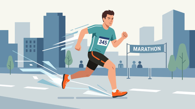 A determined flat design illustration of a male runner in full stride during a marathon, set against a stylized urban backdrop. 