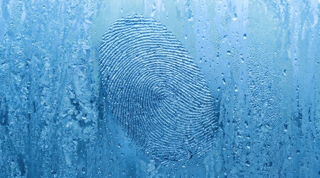 Fingerprint impression on a cold window glass surface with water droplets and condensation, macro closeup view