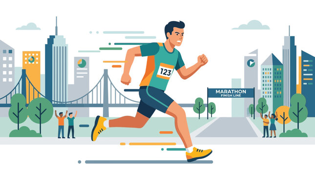 A determined flat design illustration of a male runner in full stride during a marathon, set against a stylized urban backdrop. 