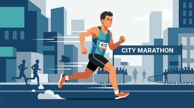 A determined flat design illustration of a male runner in full stride during a marathon, set against a stylized urban backdrop. 