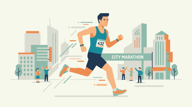 A determined flat design illustration of a male runner in full stride during a marathon, set against a stylized urban backdrop. 