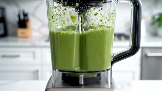 This shows the process of preparing a smoothie using kale and mango in a blender. The ingredients are visible before blending