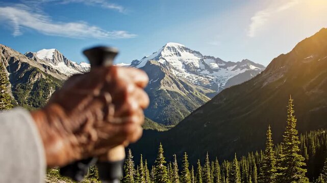 A person stands with a hiking pole, pointing towards a distant mountain. The sun sets behind the peaks, highlighting the landscape. Trees surround