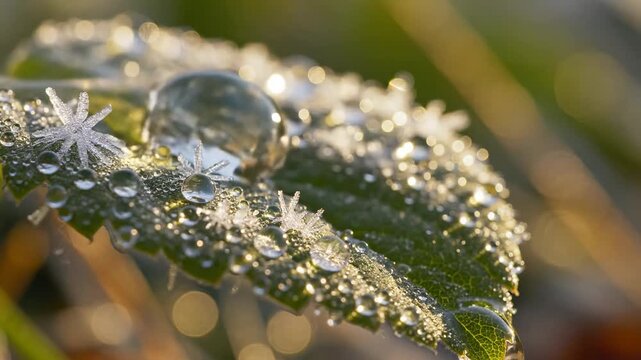 Frost forms on leaves in a winter setting. Water droplets are visible and create a shiny effect under the morning sun. Calm nature shows winter beauty