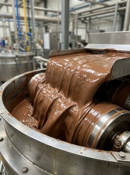 Large industrial mixer blending smooth liquid chocolate in a confectionery and food production factory