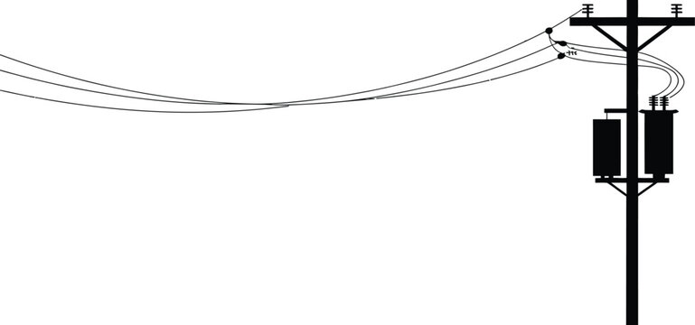 A black silhouette of a single utility pole with two electrical transformers and power lines curving and connecting to the against a plain white background isolated