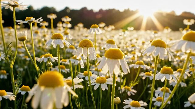 A field full of white and yellow flowers is illuminated by the dawn sun. The warm light creates a vibrant atmosphere as the flowers move gently in
