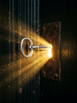 Vintage skeleton key inserted into a dark wooden door lock mechanism with golden light shining through