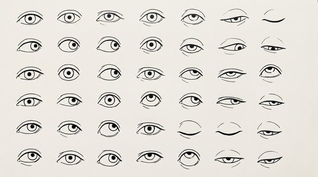 Collection of hand drawn sketches showing various human eye expressions and gazes.