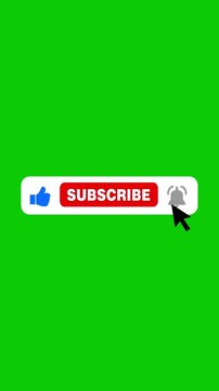 Vertical subscribe button animation with like, cursor click and ringing notification bell on green screen, 9:16 chroma key 4K