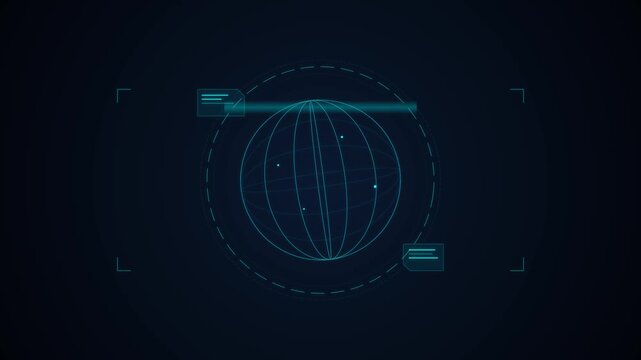 Holographic HUD interface with rotating wireframe globe and digital data panels in neon cyan and blue on dark navy background.