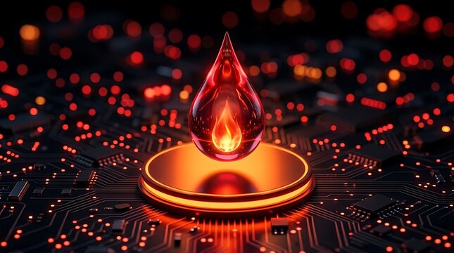 Glowing red droplet floating above a circular metallic podium on a dark circuit board background, with lights