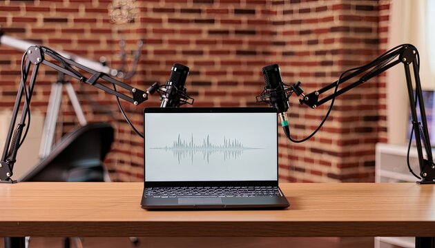 A podcast recording setup with two microphones and a laptop displaying audio waveforms.
