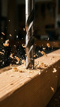 Industrial metal drill bit piercing a wooden beam with flying sawdust shavings and splinters in a workshop