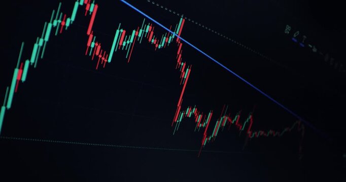 Stock, crypto trading. Trader drawing trendlines on market candlestick chart