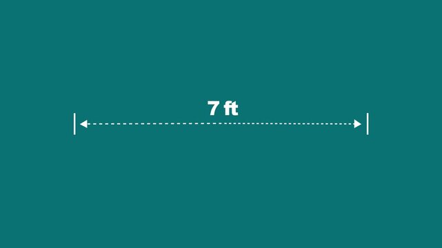 7 feet distance measurement animation with arrows on teal background, length dimension
