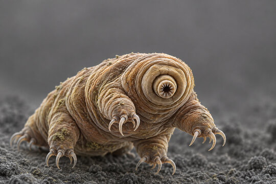 Amber Tardigrade Portrait on Graphite Microscopic Terrain