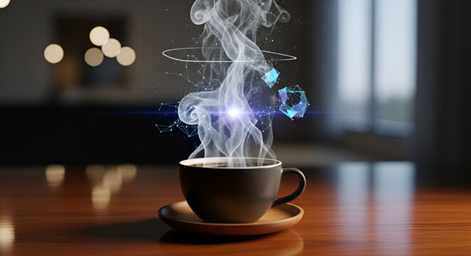 Coffee cup with futuristic digital steam abstract data visualization and glowing network connections