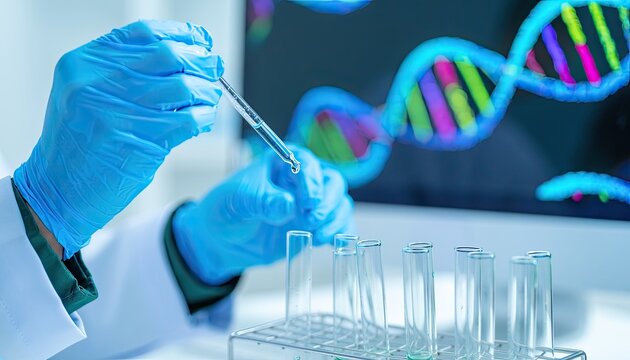 A scientist in a lab coats and blue gloves uses a pipette to drip liquid into a test tube, with a DNA helix displayed on a computer screen in the background.