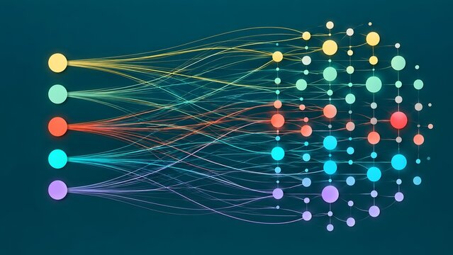 Deep learning architecture with colorful input nodes branching into a multi-layered neural matrix for advanced data classification