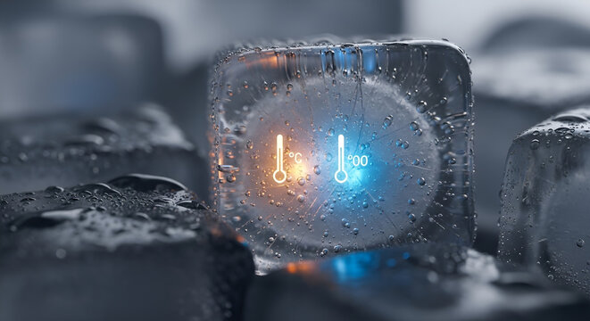 Abstract hot and cold temperature icons glowing inside a melting ice cube
