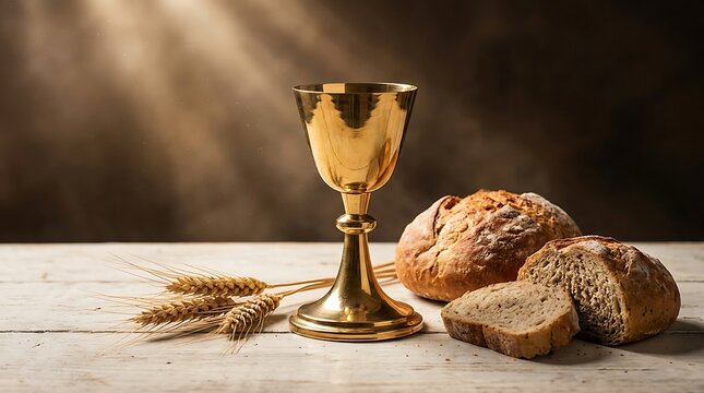 Holy communion chalice with bread loaves and wheat ears on a wooden table with warm sunlight illumination