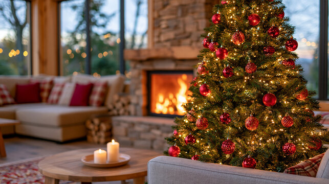 Intentionally defocused background of a cozy cabin-style living room decorated for Christmas, wide full-room interior view, entirely blurred with soft silhouettes, glowing Christmas tree lights, rus