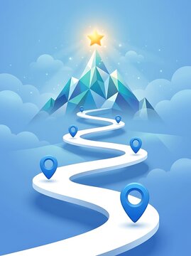 3d of a winding white road leading to a crystal mountain peak with a golden star on 3d winding road