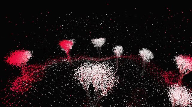 Gaussian splatting point cloud scans a dark digital terrain with pink lidar trees and red wireframe in a 3D tech animation