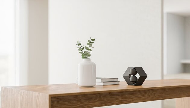 A minimalist interior scene featuring a wooden table with decorative objects.