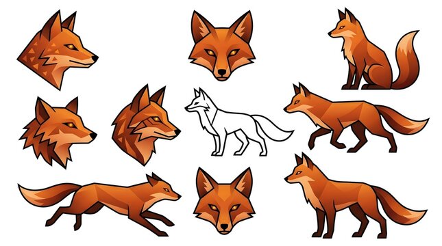Collection of stylized fox illustrations, geometric shapes, red and orange tones, profile and full body poses.