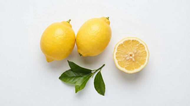 Fresh yellow lemons with green leaves isolated on a white background with copy space