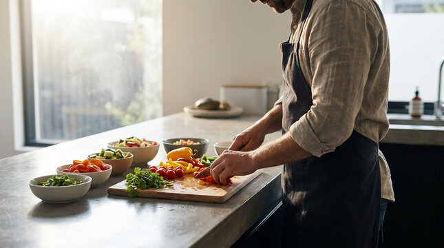 A person wearing an apron chops fresh vegetables on a wooden cutting board in a bright kitchen with bowls of colorful produce nearby.