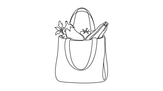 Continuous line drawing of a reusable tote bag full of fresh organic vegetables, healthy grocery shopping concept in minimalist monochrome vector style for eco-friendly lifestyle design.