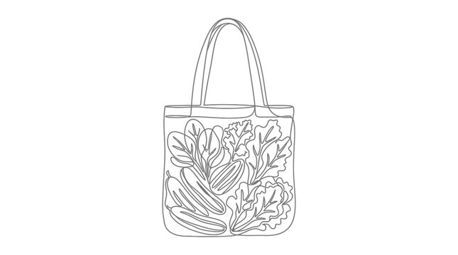 Minimalist continuous line art drawing of an eco-friendly reusable tote bag filled with fresh organic vegetables such as lettuce and cucumbers, symbolizing healthy living and sustainability.