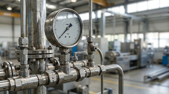 Industrial pressure gauge attached to shiny metal pipes inside a factory with blurred machinery in the background.