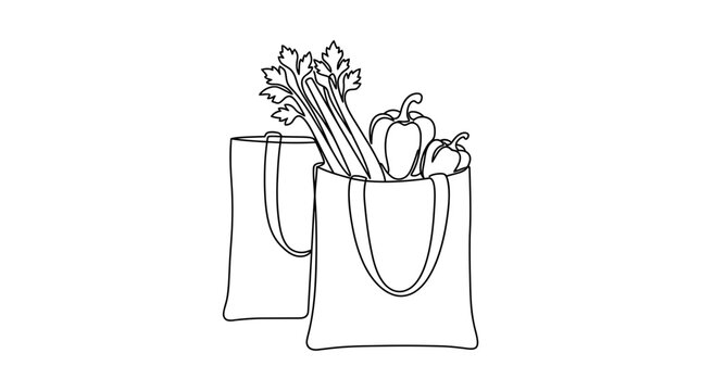 Minimalist continuous line art vector illustration of reusable eco-friendly grocery tote bags filled with fresh organic vegetables like celery and bell peppers, symbol of sustainable lifestyle.